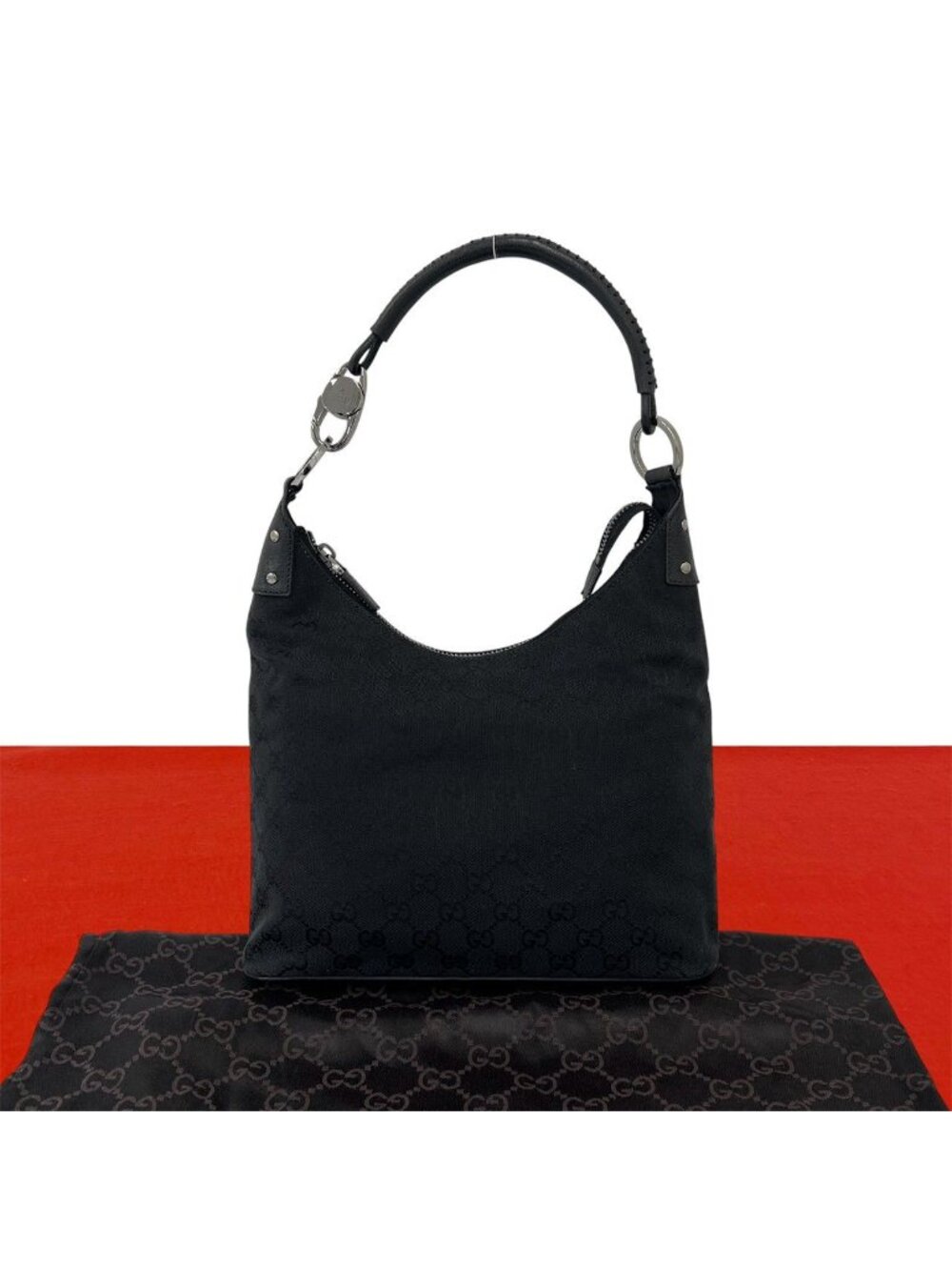 Gucci GG Pattern Logo Canvas Leather Shoulder Bag Tote Black